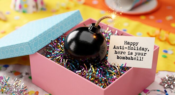 Surreal pastel gift box containing a glossy retro cartoon bomb with a sparkling fuse and sarcastic anti-holiday card