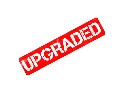 Red upgraded rubber stamp icon, grunge textured ink stamp on white background, business improvement and quality upgrade concept