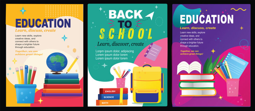 Set of three colorful education posters featuring school supplies books globes and backpacks with flat vector illustrations for academic learning concepts., isolated on a Transparent background