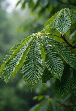 Environmental conservation and nature sustainability, horse chestnut leaves with raindrops in a rainy forest during spring season for ecological background