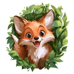 Fototapeta premium A bouncy fox with big eyes peeks through green leaves, bringing joy in a bright woodland area filled with nature.