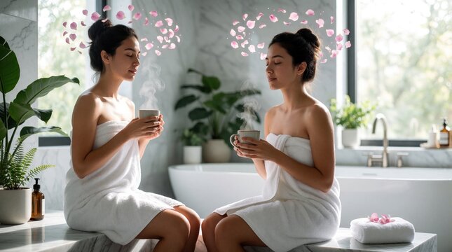 Two women in white towels enjoy warm drinks in a modern bathroom. Rose petals float around their heads, symbolizing peace and relaxation after spa treatments.