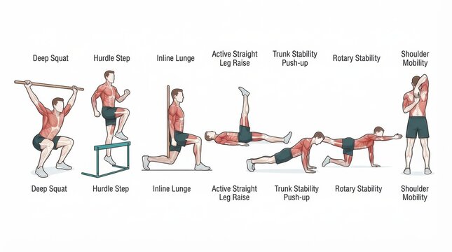 Several exercises are shown that support sports medicine rehabilitation and physical therapy for injury recovery and strength building.