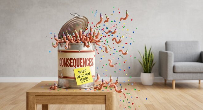 Surreal giant vintage tin can labeled &ldquo;CONSEQUENCES&rdquo; exploding with tiny party-hat worms in a minimalist room