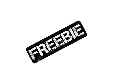 Vintage freebie rubber stamp, black distressed ink texture on white background, promotional offer and giveaway icon