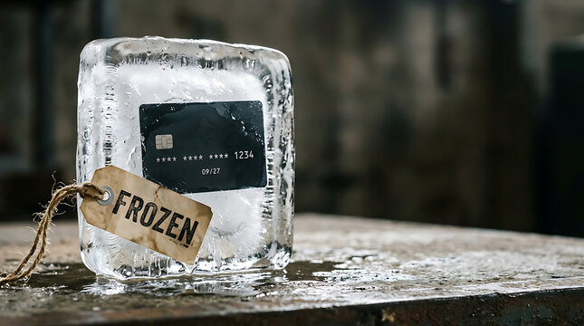 Credit card frozen in a block of ice with a frozen label symbolizing frozen assets and financial crisis