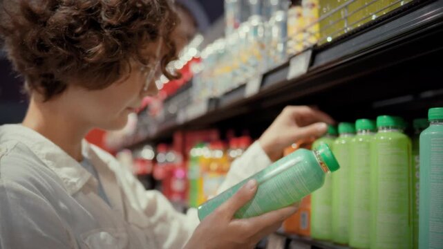 A girl carefully reads the composition on a plastic bottle of sweet soda taken from a supermarket shelf. Concept of informed consumer choice and attention to product ingredients