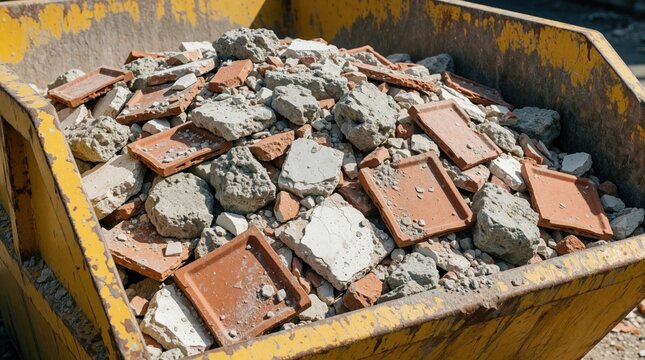 Yellow skip bin filled with construction debris. Broken concrete chunks, orange ceramic tiles pile up inside metal container. Messy waste from demolition site sits ready for disposal, removal at