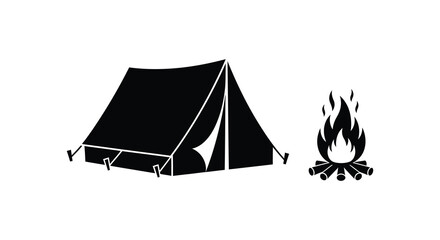 Black silhouette of a camping tent and campfire on a white background © KULSUM
