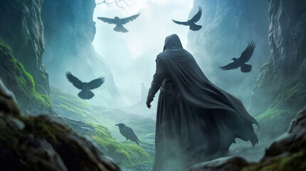 Obraz premium Traveler in long robes walking through mossy valley with black birds. Atmospheric fantasy landscape with ravens flying in misty canyon.