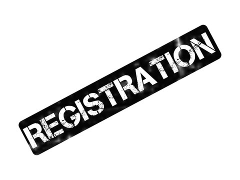 Registration rubber stamp icon, black grunge registration mark on white background, distressed office ink stamp for paperwork