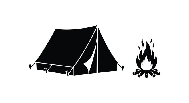 Black silhouette of a camping tent and campfire on a white background