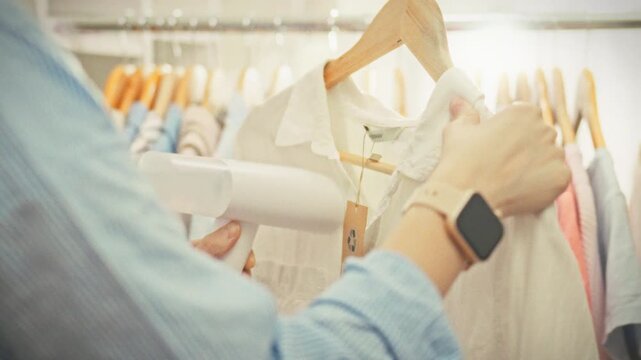A female salesperson gently runs a hot steamer over a garment on a hanger, smoothing out wrinkles with hot steam, against a backdrop of various garments on hangers in the store