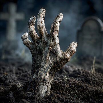 Decayed zombie hand emerging from soil in a dark graveyard  