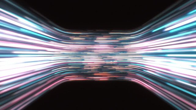 High speed fiber optic data streaks flow horizontally along a curved cyber corridor in vibrant pink and cyan neon 3D motion graphics