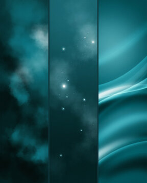 Dark teal abstract backgrounds with floating particles, glowing stars, and fluid light waves