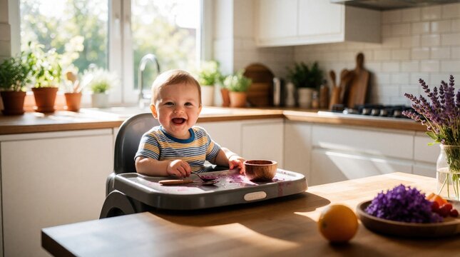 One year old baby sits in high chair. Toddler eats fruit puree messy face hands. Bright kitchen mealtime, sunny morning, pure joy and laughter.
