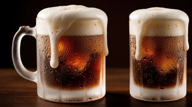 Two frosted mugs overflowing with foamy root beer sit on a wooden table. Condensation drips down the cold glass. Refreshing beverage with rich dark color and bubbly head.