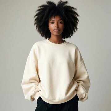 Young African American woman with big afro hair poses in studio. Beautiful black female model wears cream sweatshirt, black pants. Serious facial expression on pretty young lady. Minimalist fashion