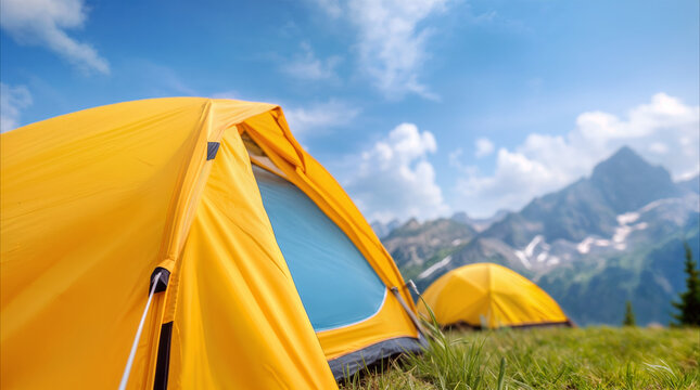 Camping tents pitched on green mountain meadow. Outdoor recreation and tourism in alpine landscape under blue sky.