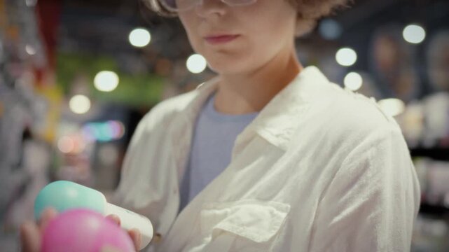 A girl stands near shelves with hygiene products in a modern shopping centre thoughtfully selecting a deodorant and reading its label before adding it to her basket
