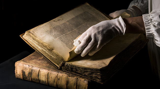 The archivist, dressed in pristine white gloves, carefully turns the pages of this ancient manuscript