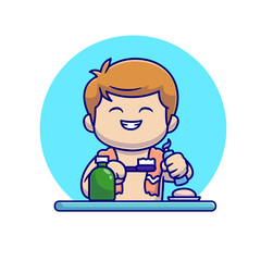 Fototapeta premium Cute Boy Brushing Teeth In Bathroom Cartoon 