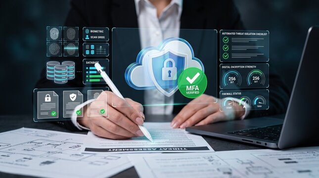 cloud security and multi factor authentication. encrypted cloud shield with mfa verified badge. professional reviewing threat assessment documents.

