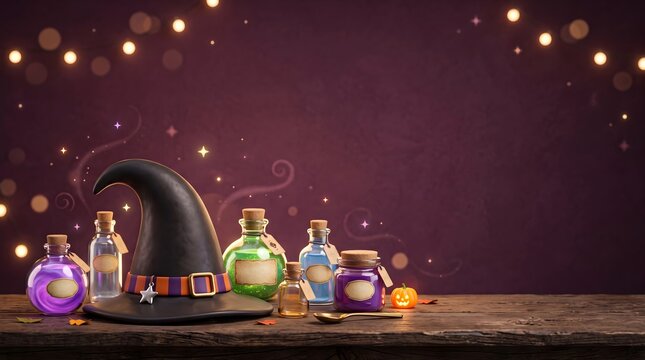 Witch hat and glowing magic potion bottles on a dark rustic wooden table for halloween