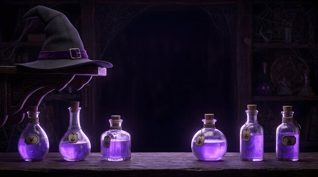 Witch hat and glass bottles with glowing purple magic potion on a dark wooden table