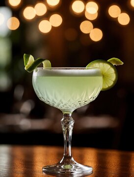 Refreshing Pisco Sour cocktail in elegant crystal coupe glass. Lime twist garnish, bitters on top of frothy drink. Cold citrus beverage sits on wooden bar table in upscale Peruvian restaurant with