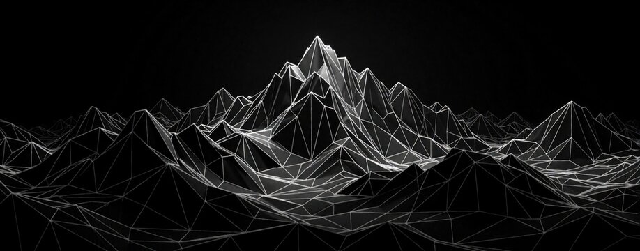 Low poly black, white mountain range with white wireframe lines. Geometric 3D landscape shows sharp peaks, valleys on dark background. Abstract digital terrain design for tech, data, science