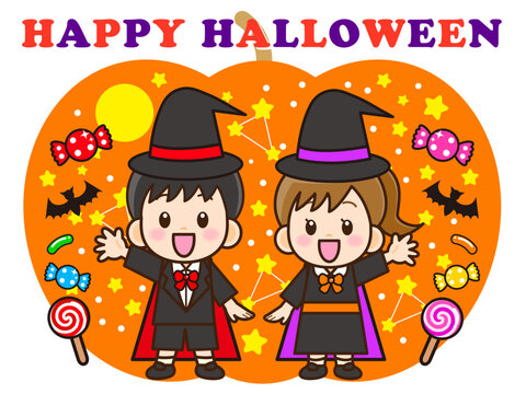 ハロウィンパーティを祝う仮装した子供のイラスト素材