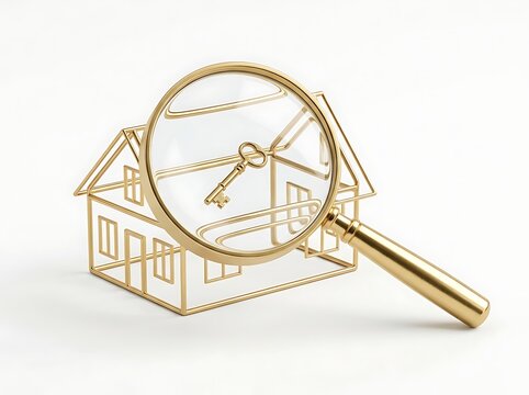 Magnifying glass over a wireframe house model with a key for real estate search concept.