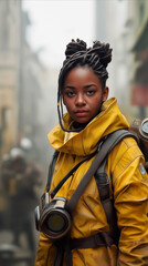 Fototapeta premium African American woman scavenger wearing yellow protective gear in post-apocalyptic city. Dystopian survivor with dreadlocks exploring ruined urban environment.