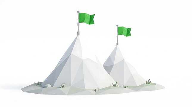 Low poly mountains with green flags representing business success and goal achievement.