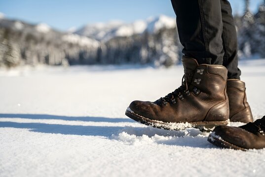 Close-up of hiking boots walking through fresh deep snow in winter