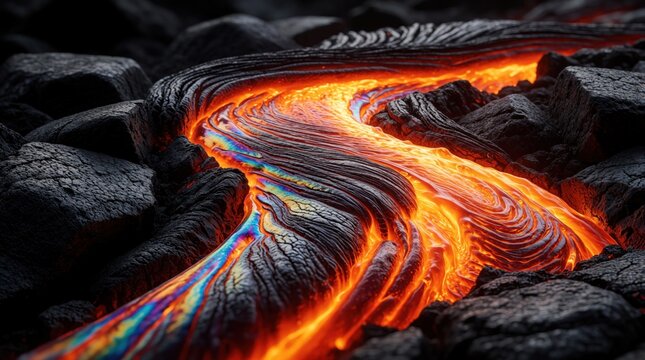 Molten orange lava river flows over dark volcanic rocks. Fiery molten rock moves slowly, creating textured patterns. Intense heat radiates from the flowing magma stream.