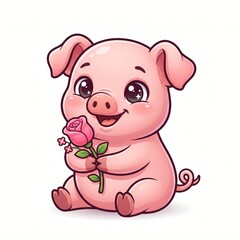 Fototapeta premium Cute Baby Pig Hugging a Pink Flower, Adorable Cartoon Farm Animal Vector Illustration