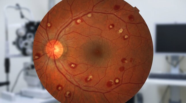 White-Centered Retinal Hemorrhages &mdash; Photorealistic Fundus Examination Background