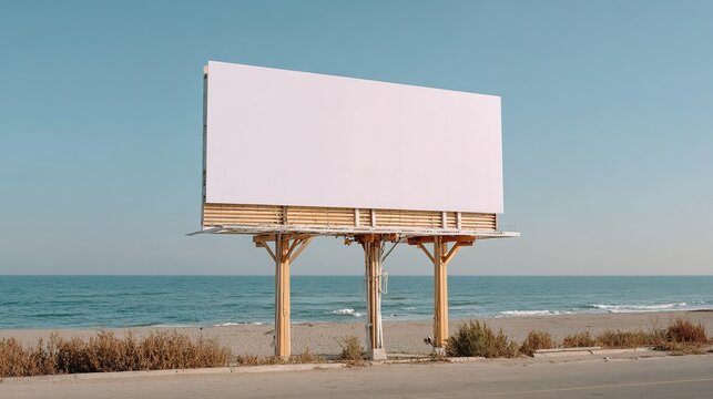 Blank white billboard beside ocean, Empty advertising mockup setup, Coastal outdoor media display