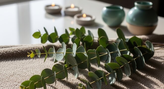 Eucalyptus Branch With Candles And Vases Arranged For Serene Wellness Ambiance