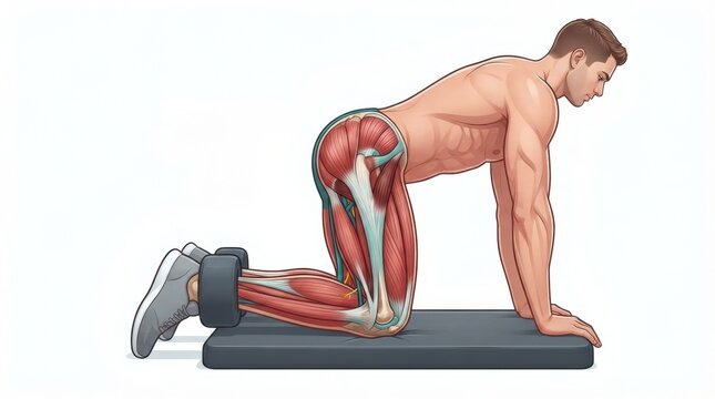 A person performs a hamstring curl exercise on a mat. The illustration highlights the muscles involved, useful for sports medicine and rehabilitation.