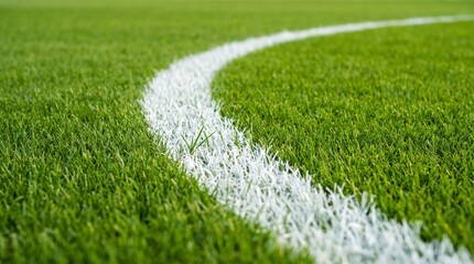 Obraz premium Curved white center circle line on professional football pitch, perfectly maintained green grass, sports arena