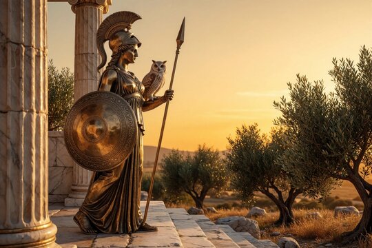 Bronze statue of Athena, Greek goddess of wisdom, stands with spear, shield, and owl companion. Marble columns frame scene of olive trees and golden sunset. Ancient Greece artifact.