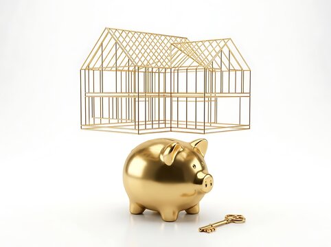 Gold piggy bank with wireframe house model and key for real estate investment concept