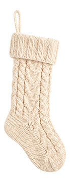cream cable knit christmas stocking isolated on white