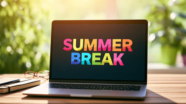 A laptop displaying colourful summer break text on screen set on a sunny wooden desk. Ideal for vacation promotion and holiday campaigns.