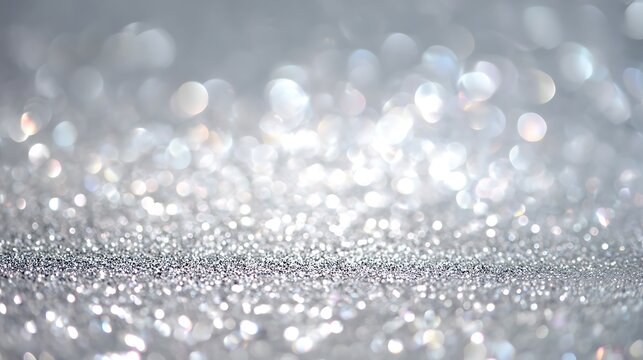 Silver glitter background, shimmering bokeh texture, festive metallic sparkle backdrop