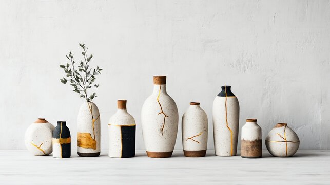 Ceramic vases with gold accents on white backdrop. Various shapes and textures, one with greenery. Elegant decor